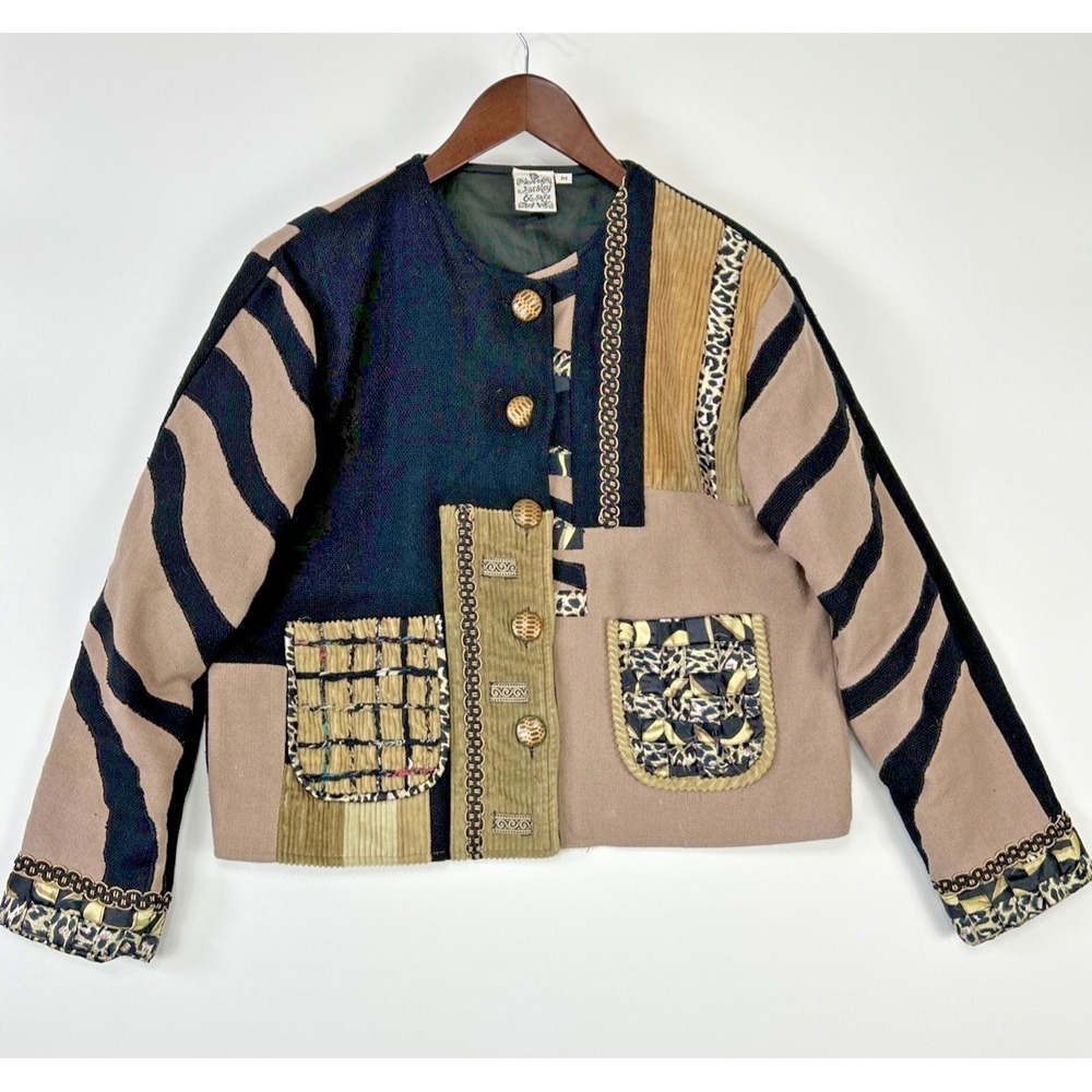 Parsley & Sage Womens Patchwork Jacket Size M Canvas Button Safari Animal Print